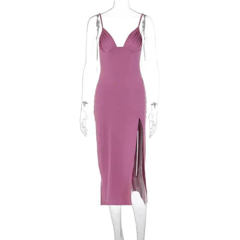 Spaghetti Strap Dress With Split Design Deep V-neck Sleeveless Backless Bodycon Satin  Evening Party Wedding Cocktail Dresses For Womens Clothing