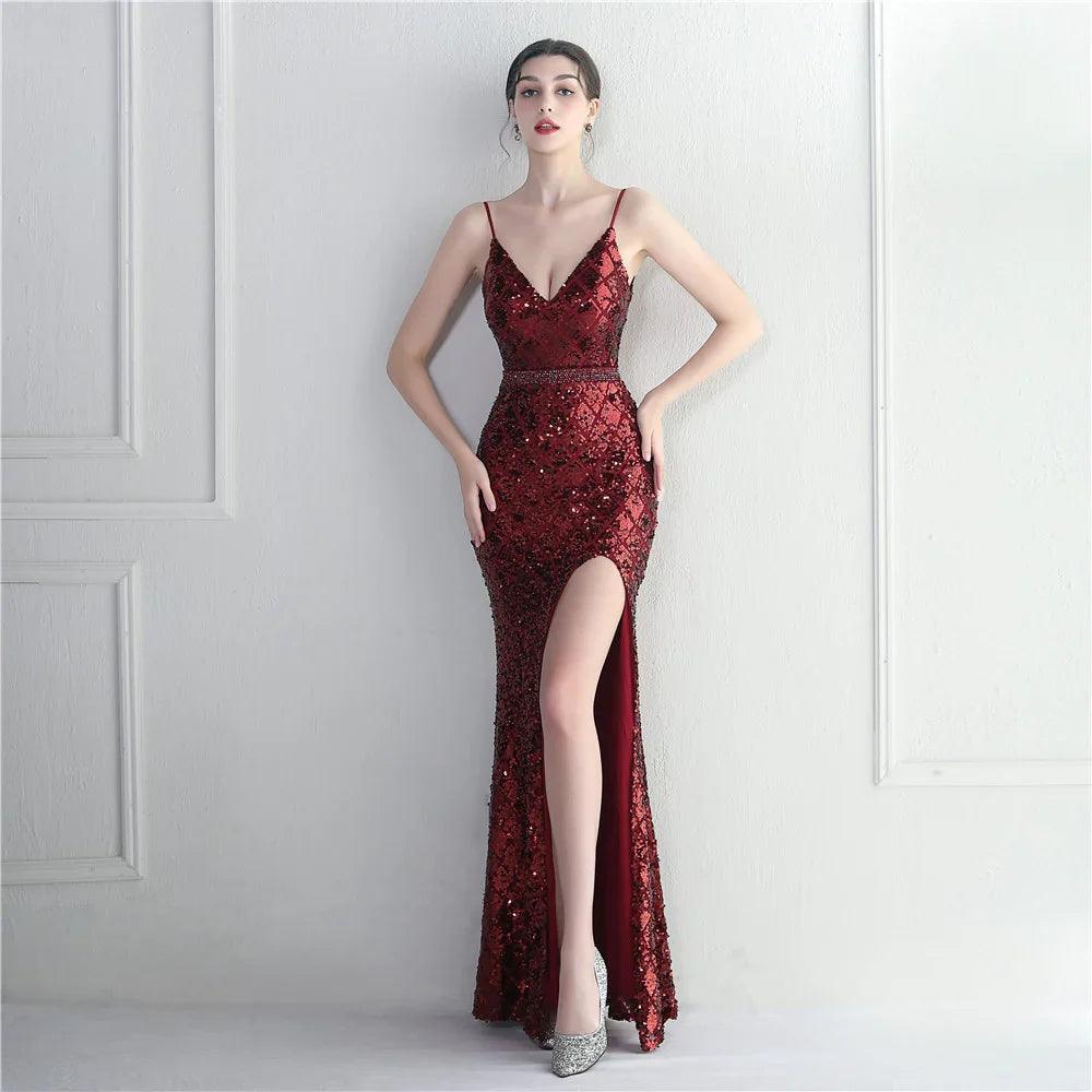 Colorful Sequin Sling Split Sheath Long Dinner Party Dress