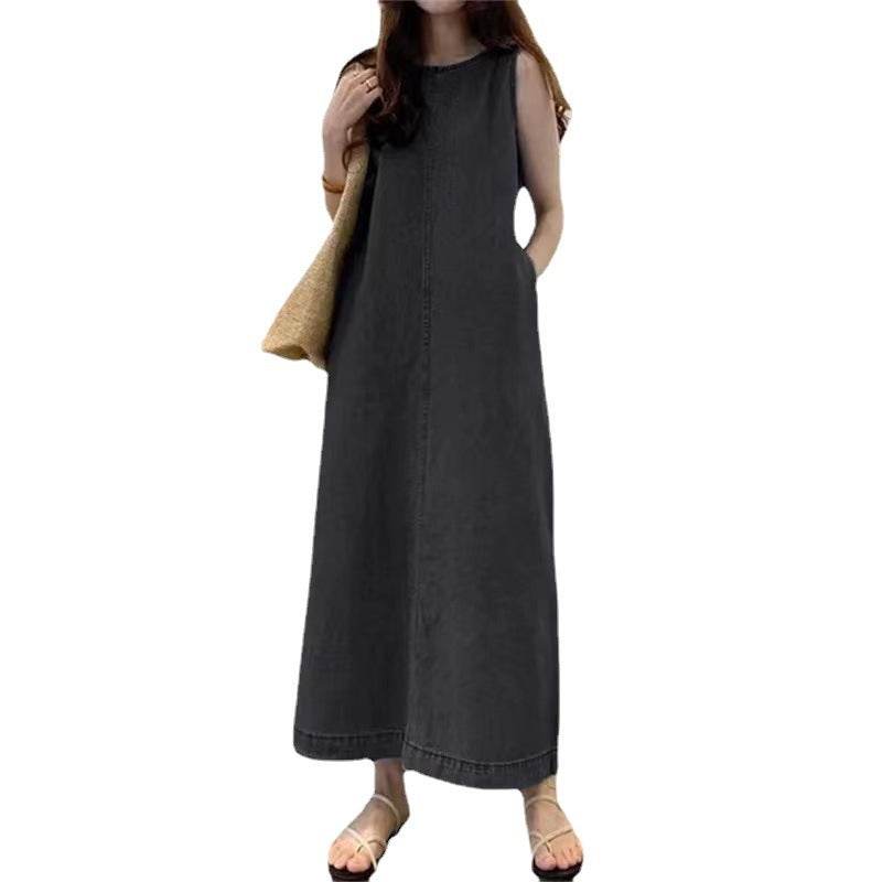 Women's Fashion Sleeveless Mum loose Long Denim Dress