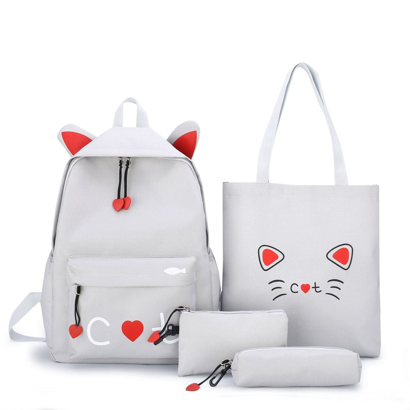 Cat Print 4-Piece Canvas School Backpack Set – Girls' Back-to-School Bag (Yellow, Grey, Black, Pink)