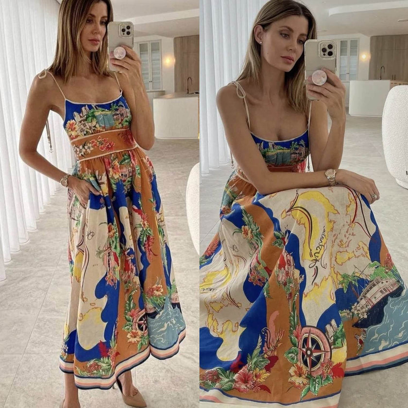 Elegant Ladies Spaghetti strap Vacation Resort Boho Floral Summer Maxi dress