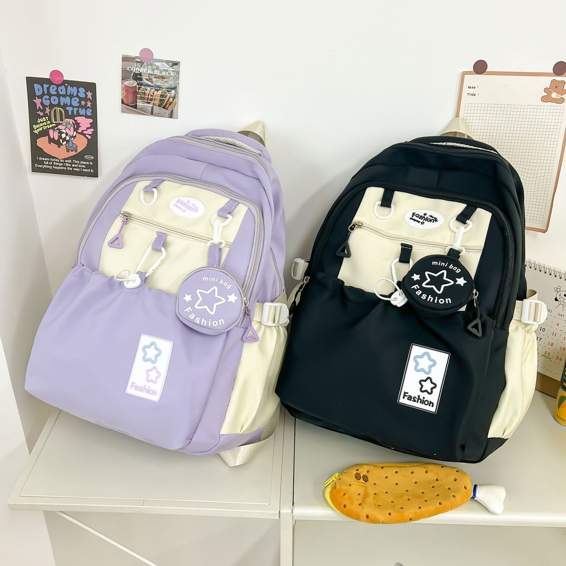 Kawaii Star Patch School Backpack for Girls – Large Capacity Nylon Bag