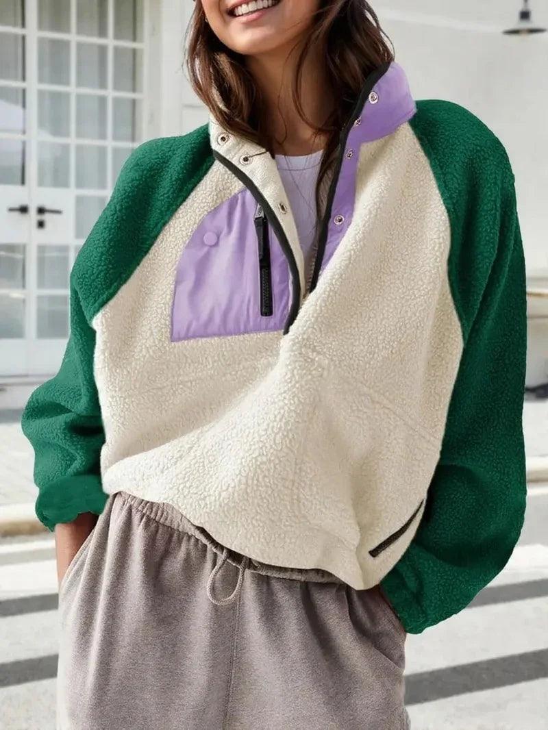 Women's Fashion Sweatshirt Fleece Stand Collar Zipper Pocket Top