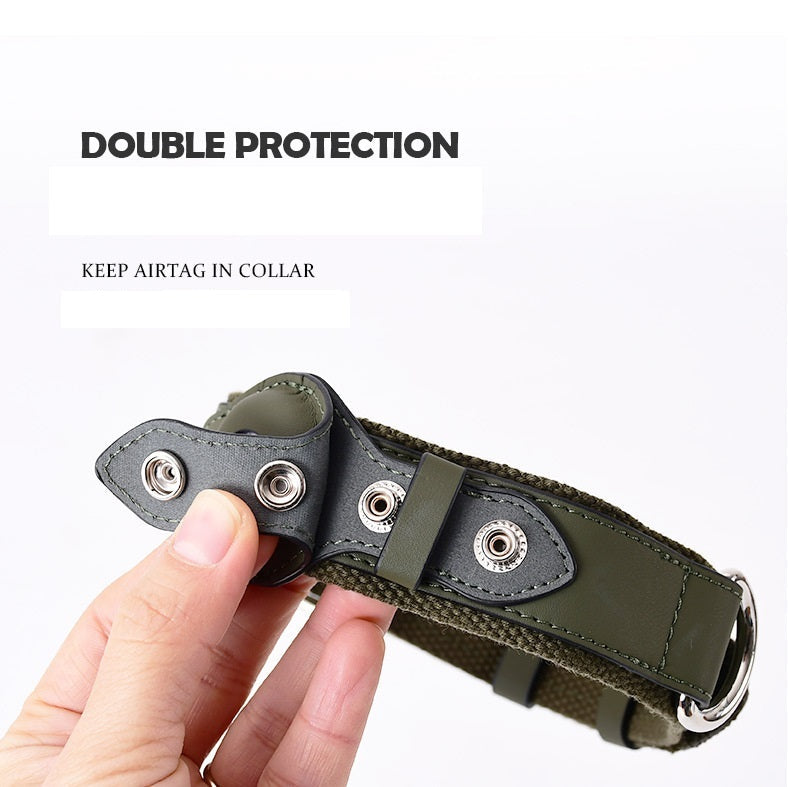 AirTag Dog Collar with Holder – Adjustable Leather & Canvas Pet Collar for Medium & Large Dogs