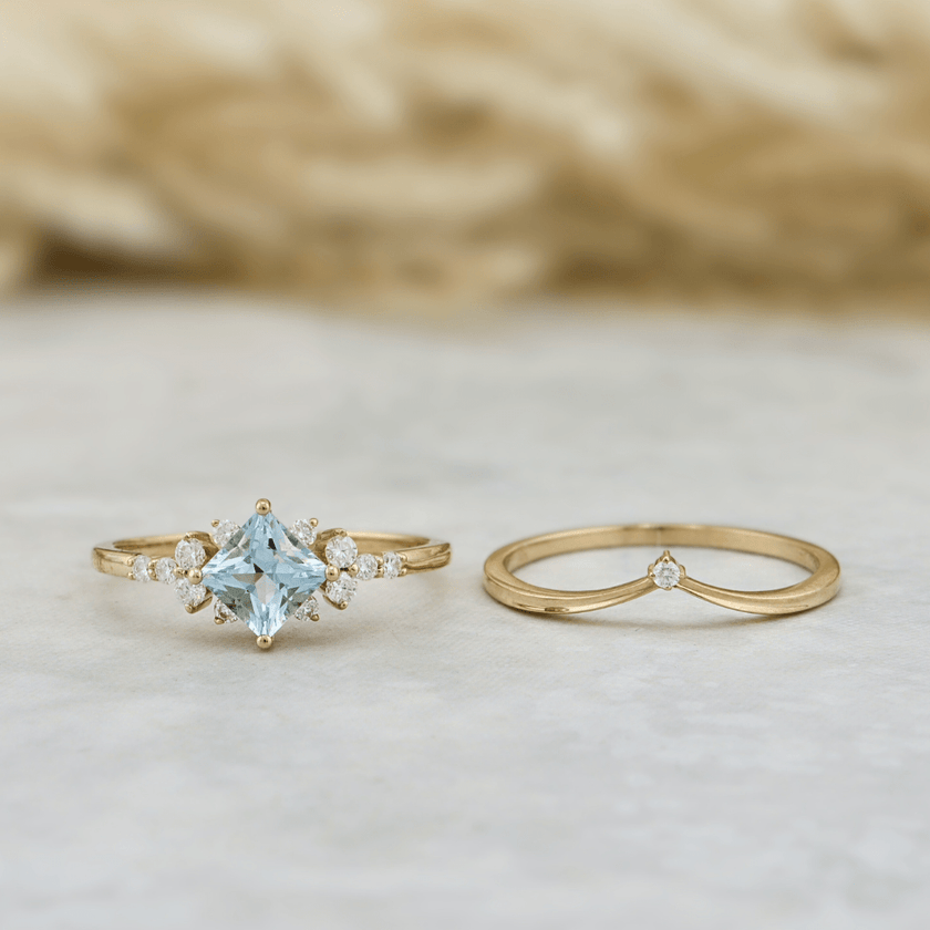 Bagues Ensemble d'alliances Moissanites et Topaze bleu princesse