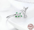 925 Sterling Silver Green Tree & Bird Open Ring