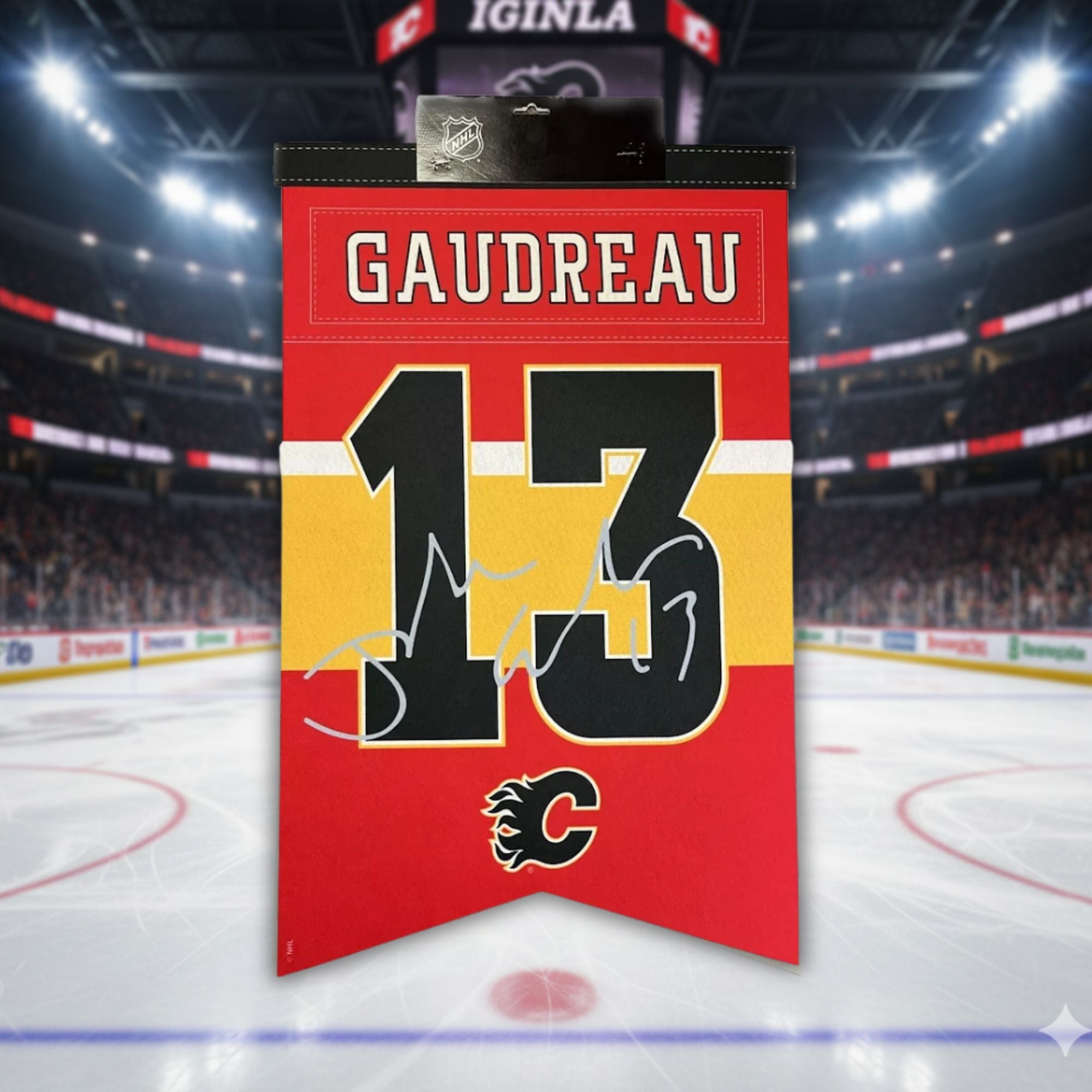 JOHNNY GAUDREAU #13 – FACSIMILE SIGNATURE CAGARY ARENA BANNER – PRO HOCKEY WALL DECOR