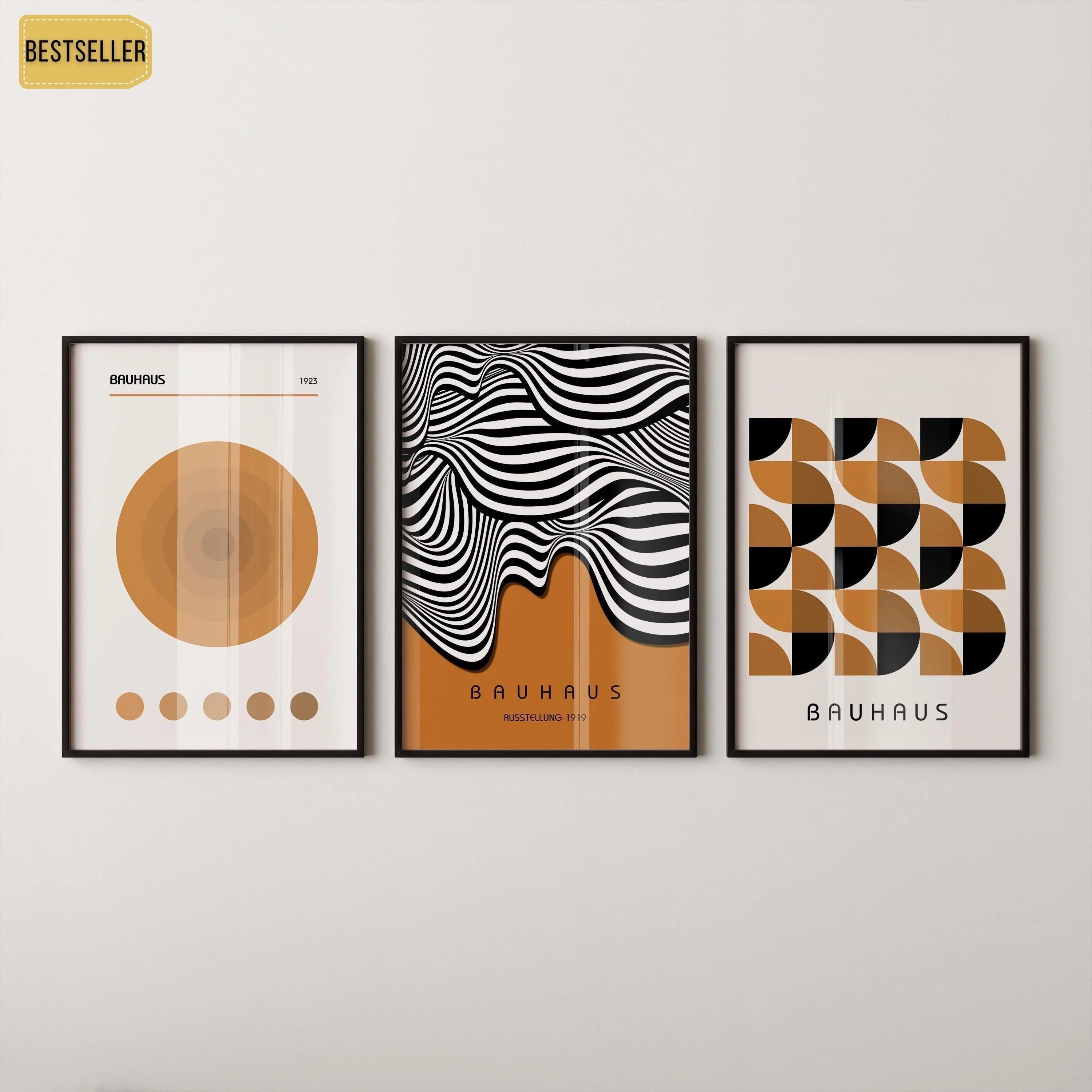 Bauhaus Art Prints: Mid-Century Modern Trio, Brown Geometric Posters