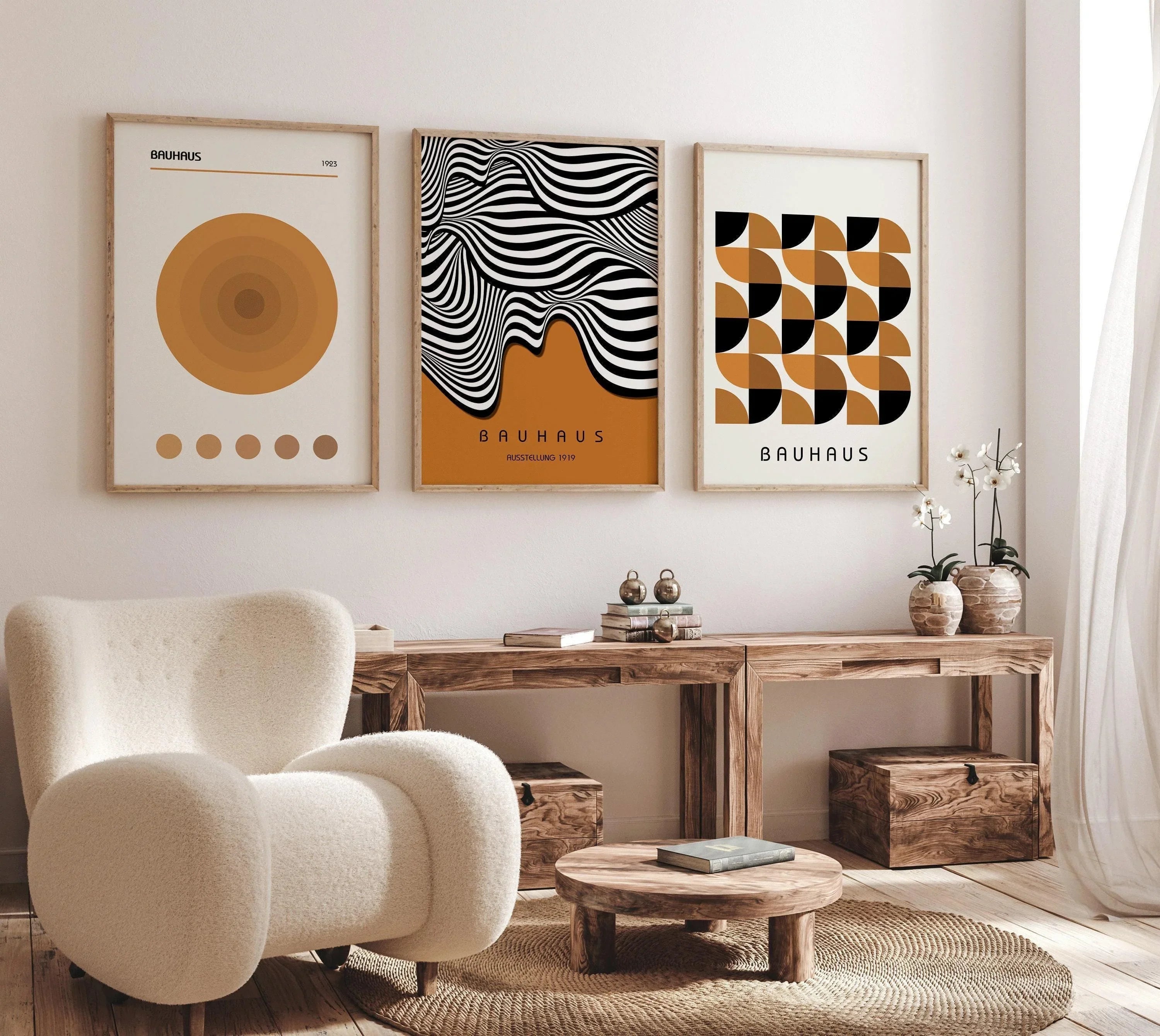 Bauhaus Art Prints: Mid-Century Modern Trio, Brown Geometric Posters