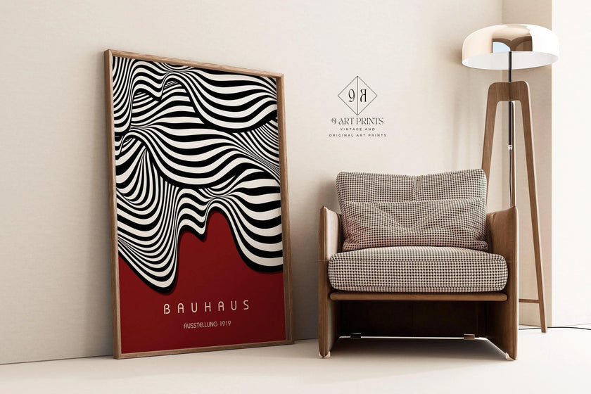 Bauhaus Ausstellung Dark Red (Waves) PRINT | Vintage Mid-century Modern Poster (Available handframed or unframed)