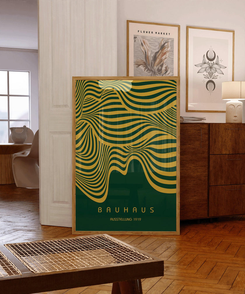 Bauhaus Ausstellung Forest Green and Gold (Waves) PRINT | Vintage Mid-century Modern Poster (Available handframed)
