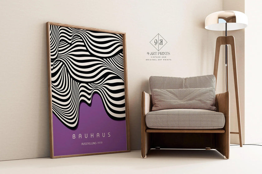 Bauhaus Waves Art Print: Mid-Century Modern Deep Lilac Poster