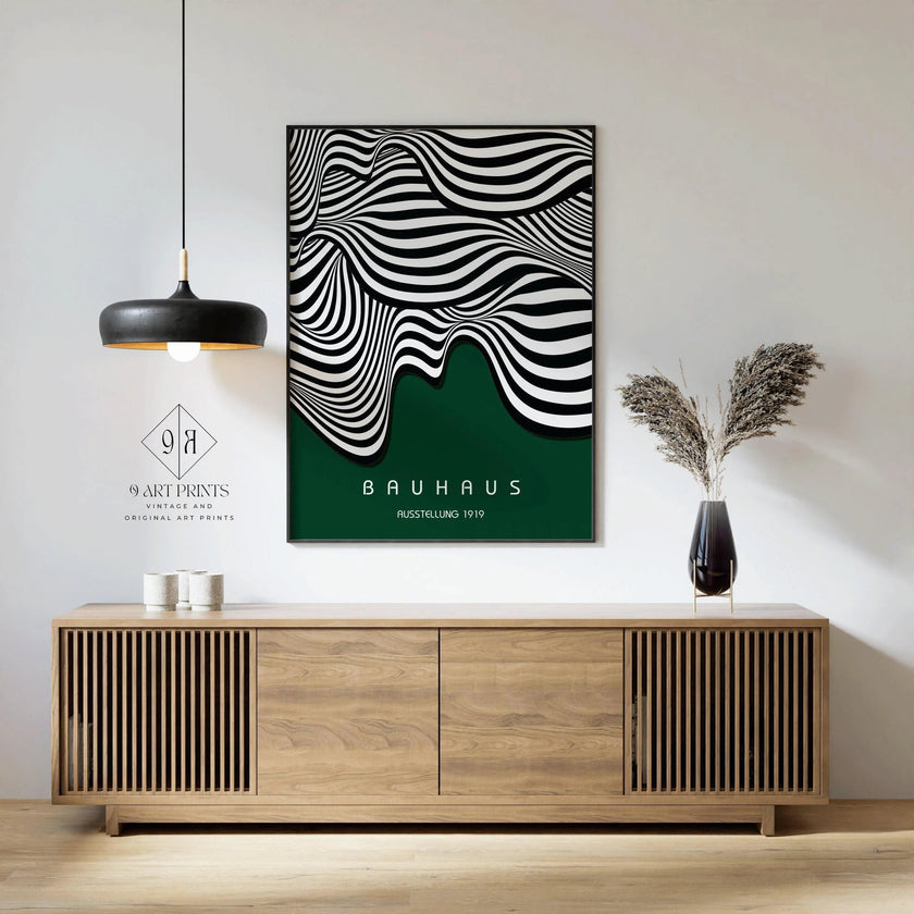 Bauhaus Waves Art Print: Mid-Century Modern Forest Green Poster