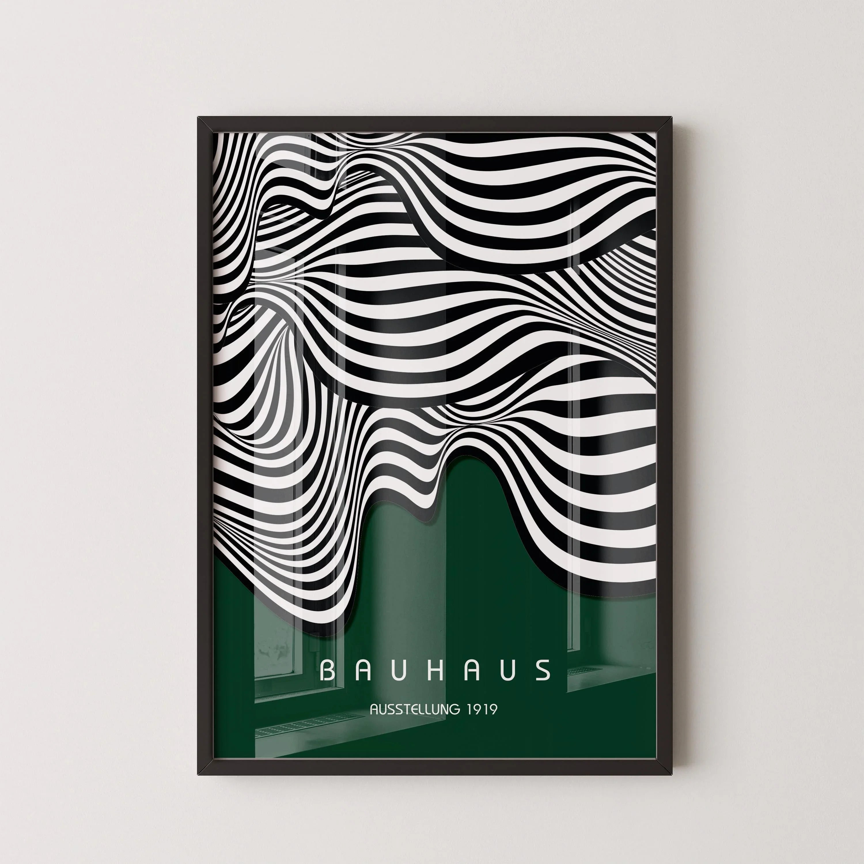 Bauhaus Waves Art Print: Mid-Century Modern Forest Green Poster