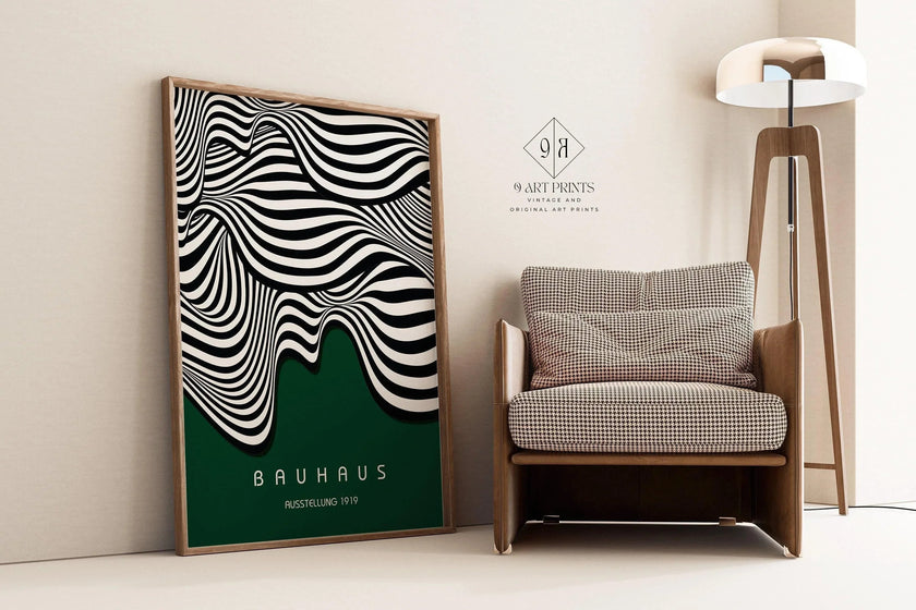 Bauhaus Waves Art Print: Mid-Century Modern Forest Green Poster