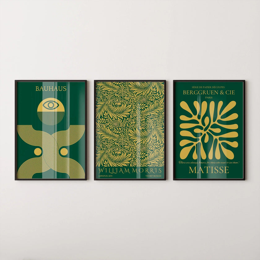 Bauhaus William Morris Matisse Art Print Set: Emerald Green Gold (Framed or Unframed)