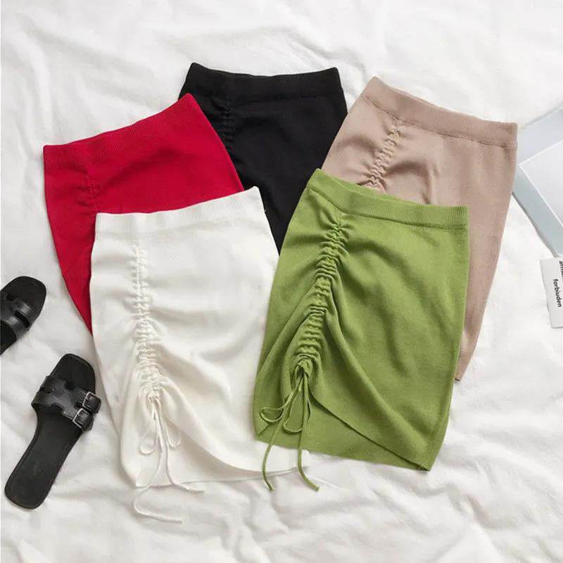 Hot Girl Hip Skirt Design High Waist With Straps Stretch Knitted Women's Mini Drawstring Split Skirt