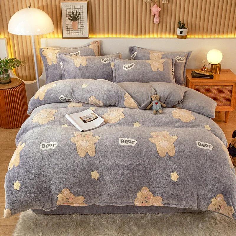 Coral Fleece Duvet Cover Sheet Flannel Pillowcase