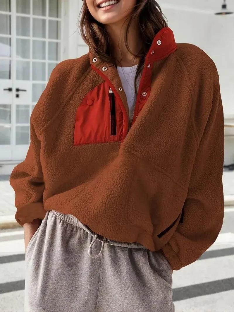 Women's Fashion Sweatshirt Fleece Stand Collar Zipper Pocket Top