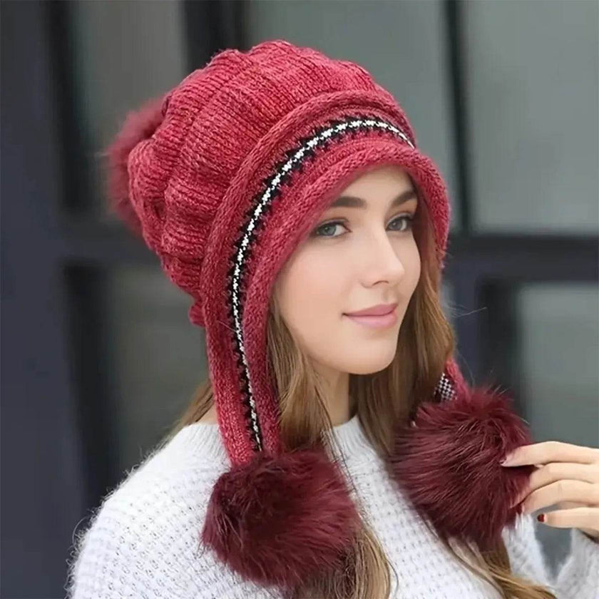 Women Cozy Knit Fleece-Feel Beanie With Ear Flaps Winter Hat Perfect For Skiing & Outdoor Activities