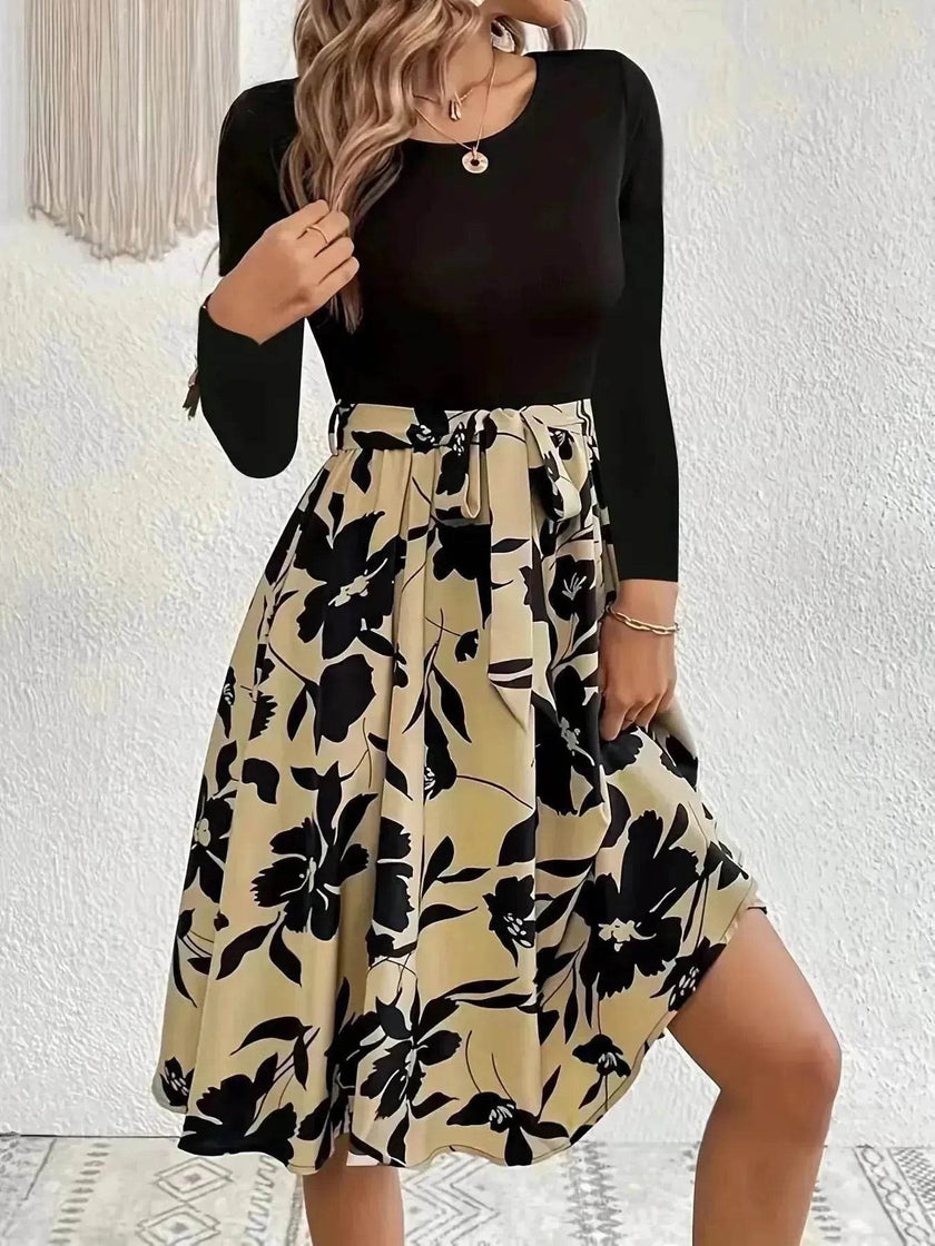 Floral Print Long Sleeve Skirt - Round Neck Flared Dress