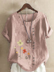 Women's Casual Printed Cotton Linen Short Sleeve Blouse Top
