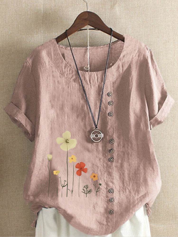 Women's Casual Printed Cotton Linen Short Sleeve Blouse Top