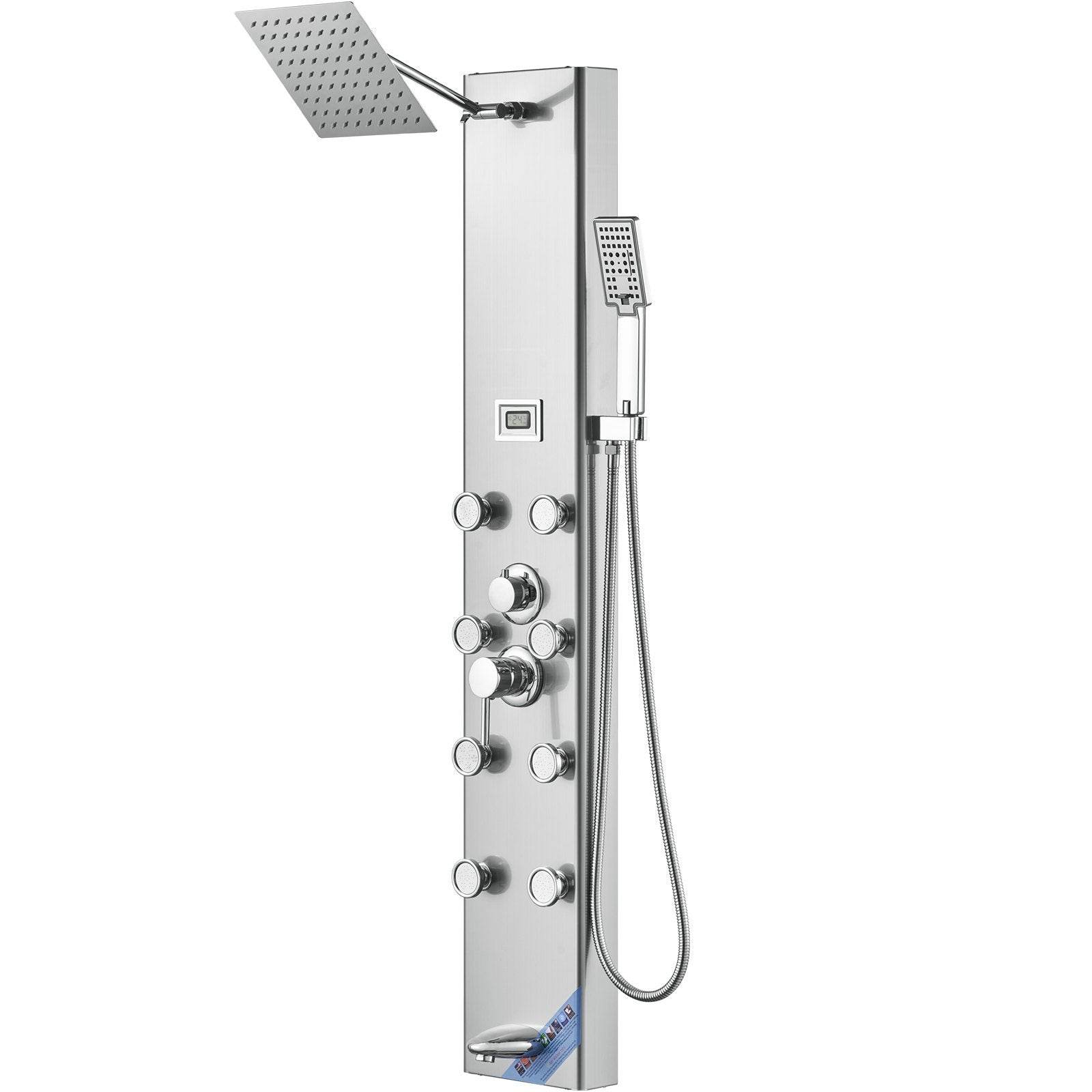 Shower Panel System, 5 Shower Modes, Digital Display Shower Panel Tower, Rainfall, 8 Massage Jets, Tub Spout, 3-Setting Handheld Shower Head 59 Hose, Stainless Steel Wall-Mounted Shower Set