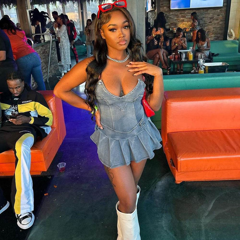 Hot Girl French Pleated V-neck Denim  Tube top Dress