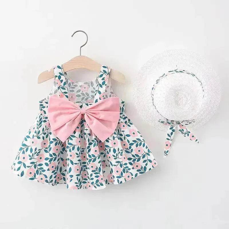 Baby Girl Floral Princess Dress with Matching Hat – Cotton Suspender Sundress for Toddlers