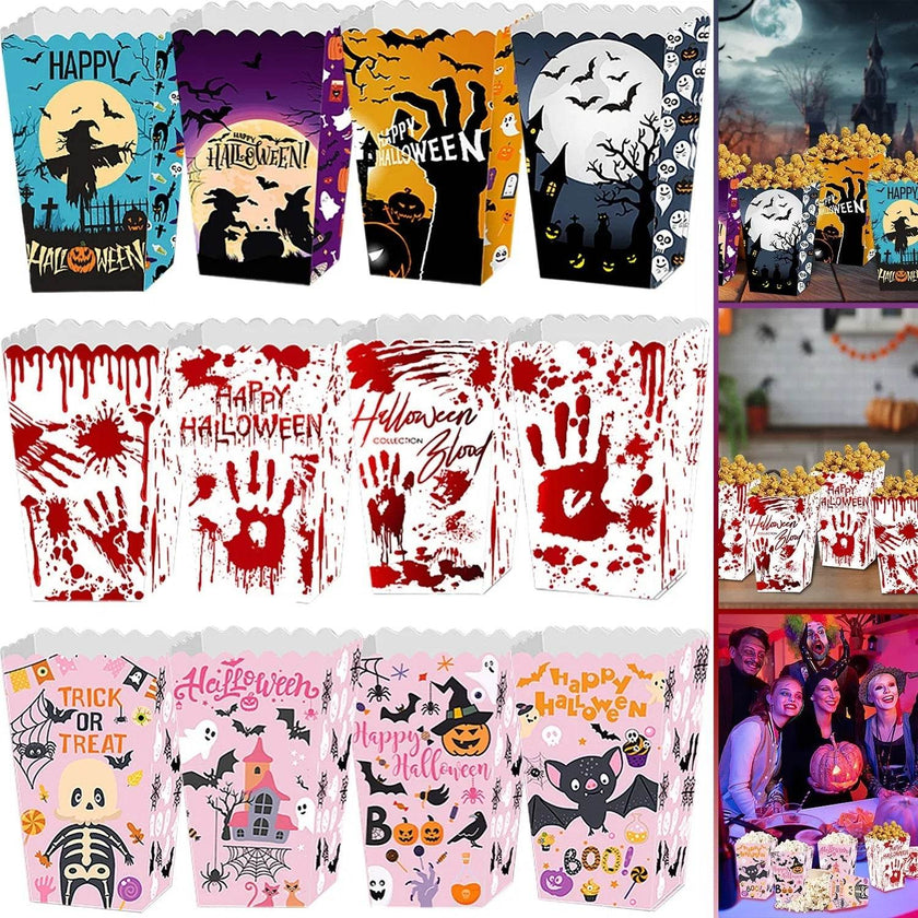 12Pcs Halloween Popcorn Box 3 Style Trick Or Treating Snack Treat Box Bloodstain Ghost Castle Bat Pattern Candy Cookie Container For Halloween Party Supplies