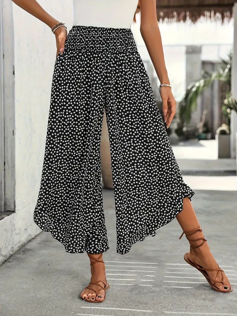 Women's Floral Smocked High Waist Wide Leg Palazzo Pants – Boho Casual Trousers S–XXL