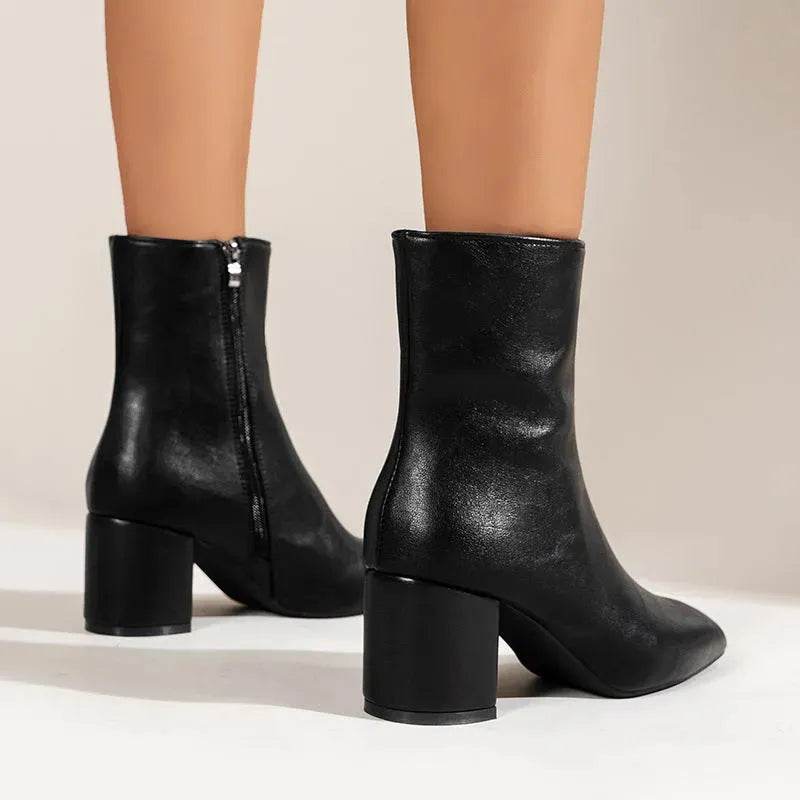 Winter Chunky Heel Pointed Toe Boots With Side Zipper Fashion Mid-calf Boot For Women Shoes