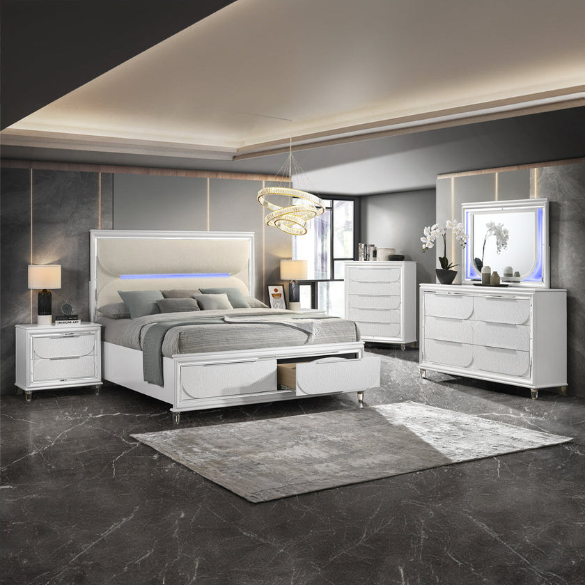 Cassandra Platform Storage Bed w/Led Lighting - Pearl White