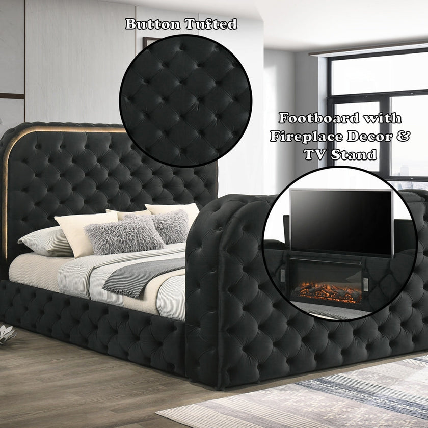 Tagus Smart Platform Bed with LED/ Fireplace/ TV Stand - Black