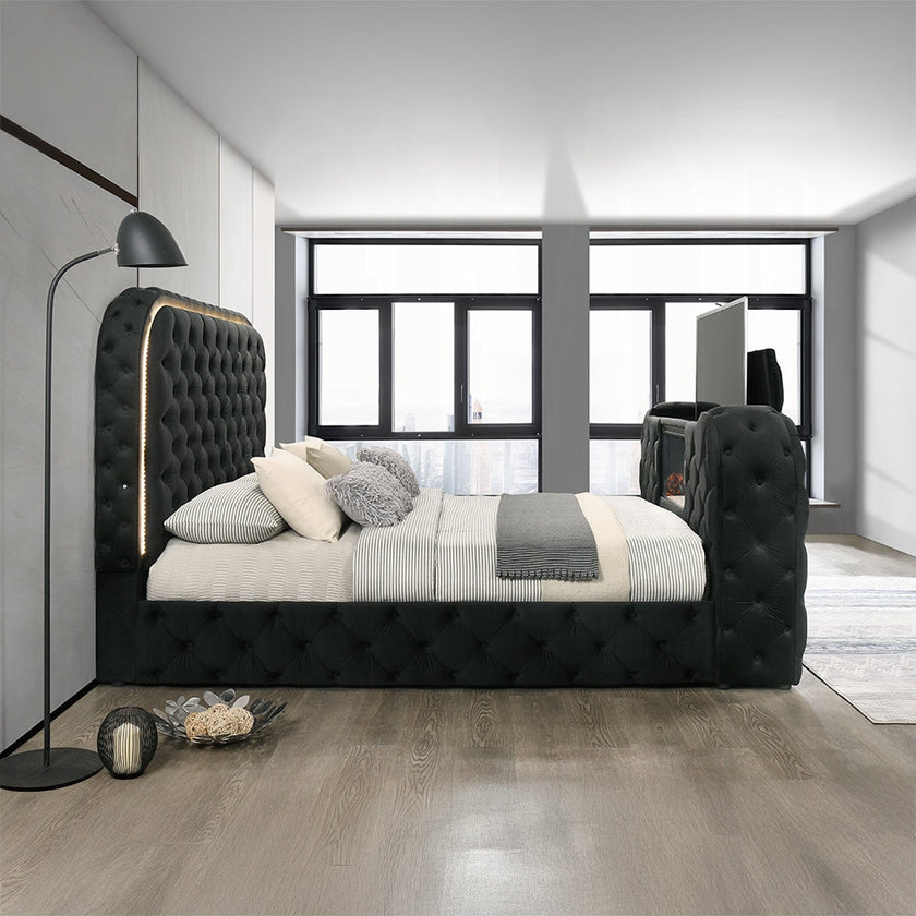 Tagus Smart Platform Bed with LED/ Fireplace/ TV Stand - Black
