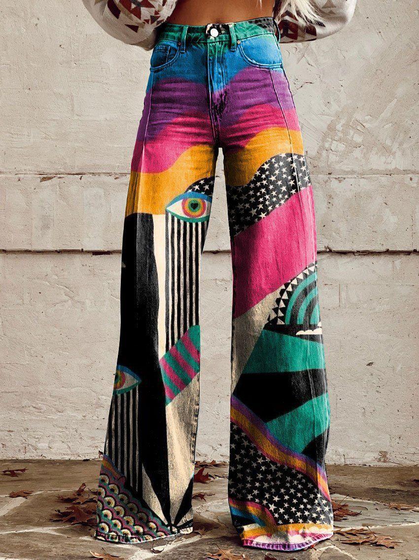 Graphic Printed Bootcut Jeans for Women – Wide Leg Printed Denim Trousers