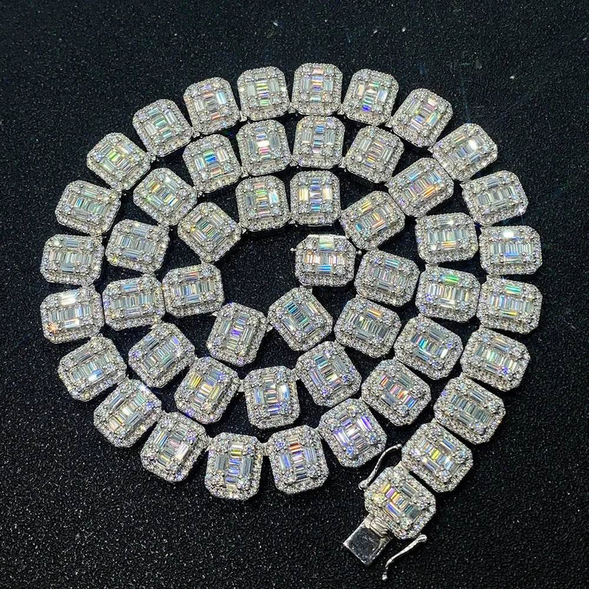 S925 Silver Inlay Rectangular Moissanite Diamond Cuban Link Chain