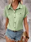 Lapel Shoulder Pleated Pocket Short Sleeve Top Shirt T-shirt Women