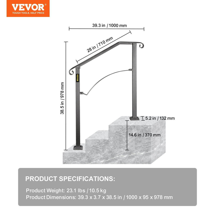 Handrails For Outdoor Steps, Fit 2 Or 3 Steps Outdoor Stair Railing, Arch 2 Wrought Iron Handrail, Flexible Porch Railing, Black Transitional Handrails For Concrete Steps Or Wooden Stairs