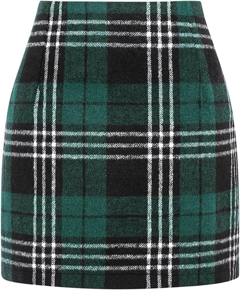 Women's High Waist Plaid Tight Pencil Wool Mini Skirt