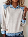 Denim Collar Long Sleeve Patchwork Knit Pullover Top – 16 Colours, S–XXXL