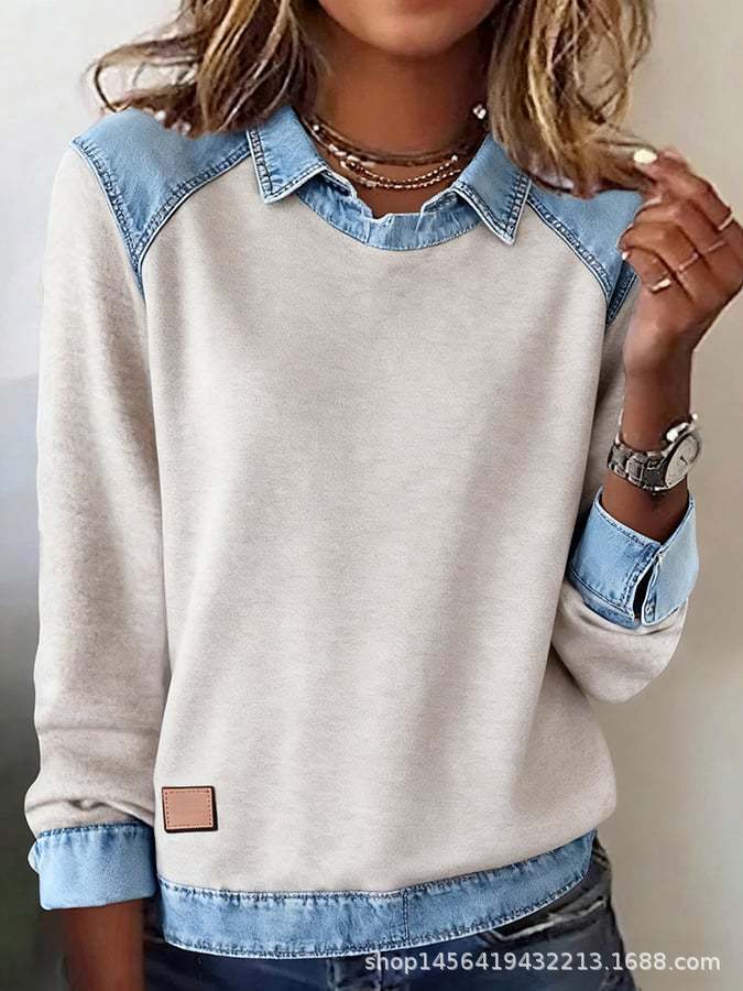 Denim Collar Long Sleeve Patchwork Knit Pullover Top – 16 Colours, S–XXXL