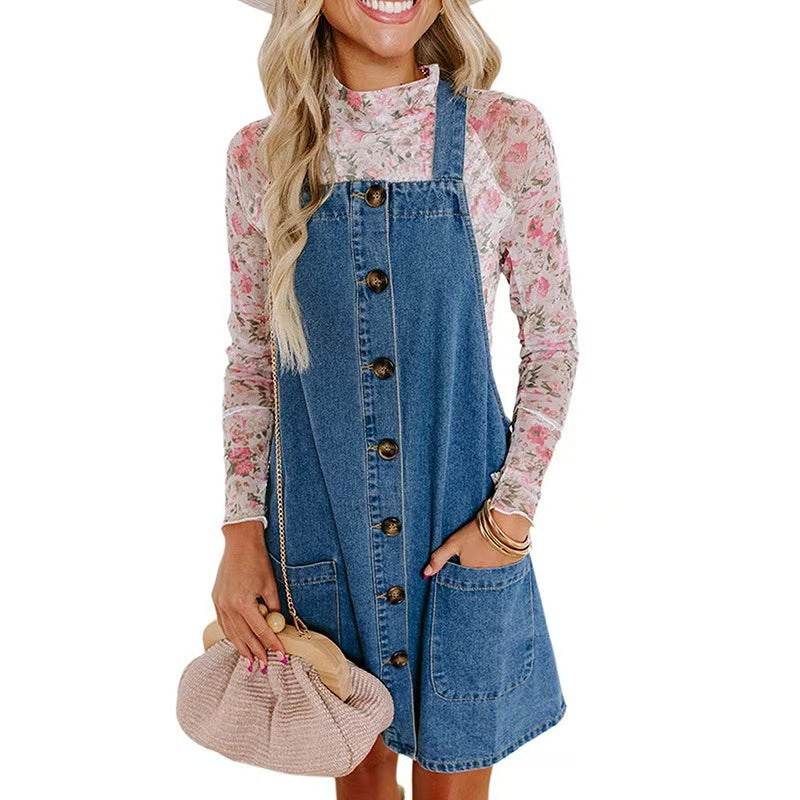 Loose Denim Dungaree Mini Dress for Women