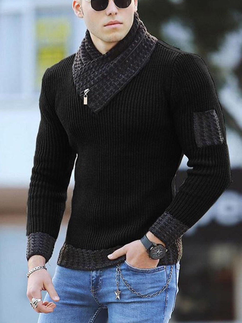 coofandy turtleneck - Independent Station Casual Slim Knit Pullover Long-sleeved Scarf Collar Sweater Men's