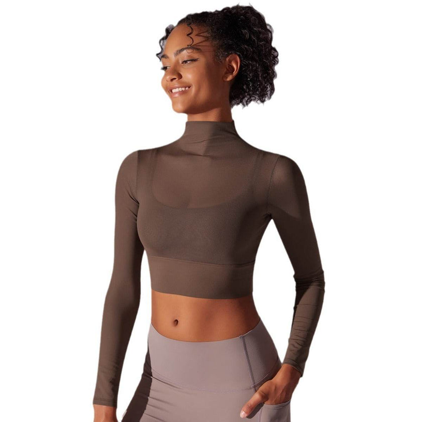 Quick Drying Gym Slim Fit Mesh Turtleneck Long Sleeve Workout Crop Top