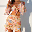 New European And American Printing Stylish Beach Dress Bikini Four-piece Suit