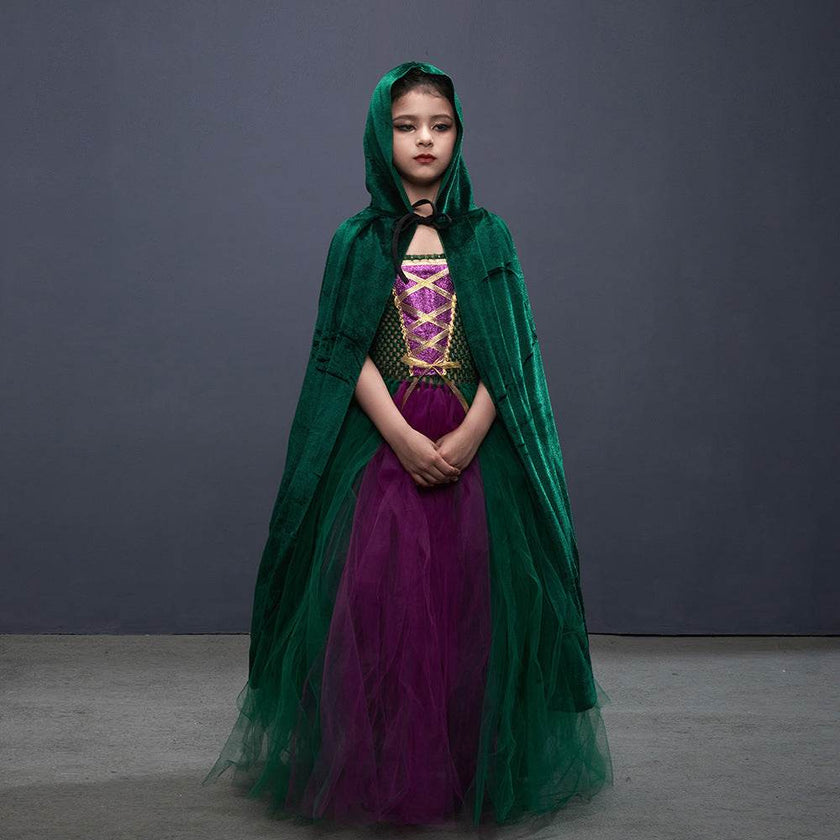 Halloween Costume Witch Children Dress Cloak Broom Set