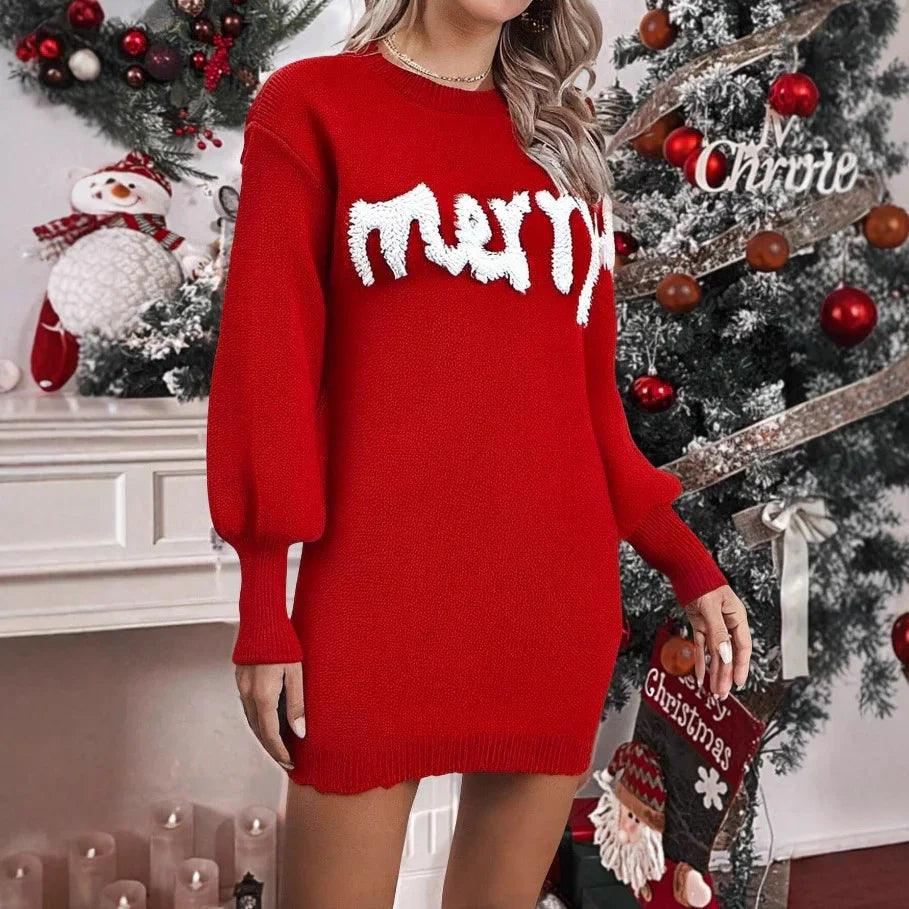 Women's Knitted Round Neck Lantern Sleeve Pullover Sheath Christmas sweater Dress
