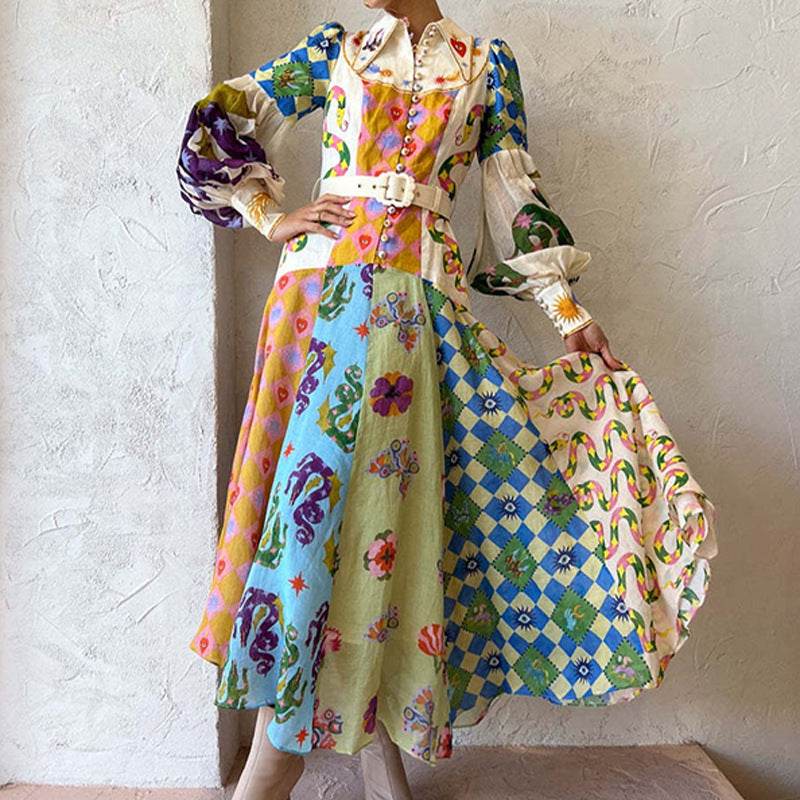 Floral Print Beach Dress – Women's Lantern Sleeve A-Line Midi Dress